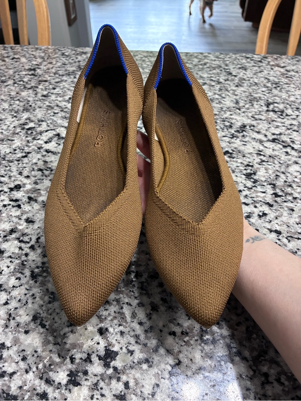Rothy’s Pointed-Toe Knit Flats in Brown with Blue T